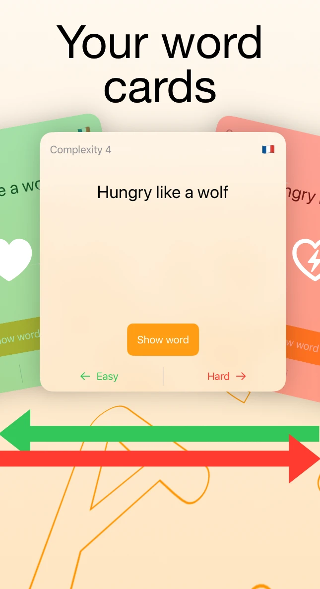 Capture d'écran de l'application d'apprentissage des langues basée sur les cartes Lexiswipe